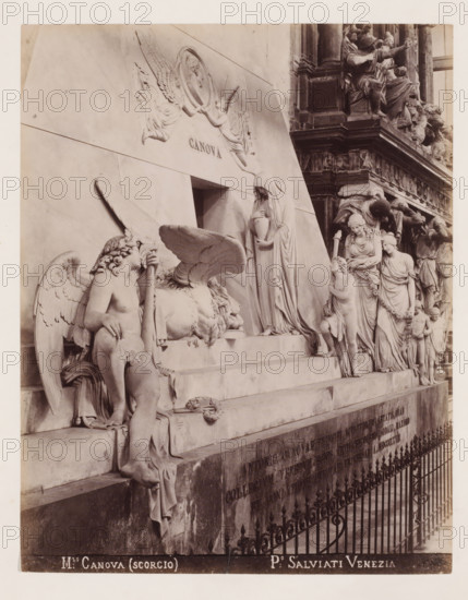 Mto. Canova (scorgio), Detail of the funerary monument for Antonio Canova in the Santa Maria Gloriosa dei Frari in Venice, photograph, inscription: 'Venetie', photographer: Paolo Salviati, Venice, after sculpture by Antonio Canova, 1860 - 1870, Antonio Canova, after sculpture by, pasteboard, paper, albumen print, height 249 mm x width 196 mm, height 365 mm x width 275 mm, This funerary monument was actually intended for Titian., Person, grave-building, monumental tomb, Basilica di Santa Maria Gloriosa dei Frari, A stone funerary monument with carved figures occupies most of the scene, showing a large central panel with a recessed rectangular opening and sculpted reliefs above it, including winged figures holding an oval medallion; in front of the opening a draped female figure stands holding a vessel while another reclining winged figure rests nearby with one arm raised toward a staff, and a reclining lion figure lies partially visible; along the right side a procession of standing and...