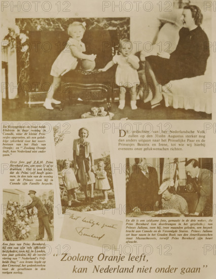 Photographic reproduction of a number of rotogravures of and news reports about the royal family during the Second World War in Canada, 'As long as Orange lives, the Netherlands cannot perish', photograph, reproduction, after print by various makers, 1941 - 1942, various makers, photographer, after print by, paper, gelatin silver print, developed gelatin silver print, height 156 mm x width 120 mm, Person, Bernhard (Prince of the Netherlands), Beatrix (Queen of the Netherlands), Juliana of the Netherlands, Irene (Princess of the Netherlands), family of the sovereign, A sepia-toned collage page showing a large top photograph of a woman seated on a sofa wearing a dark dress, smiling and looking toward two small children in front of a fireplace; one child stands on a low ornate stool holding a round object while the other stands on the floor in a light outfit, with a ball and toys scattered nearby. Below and to the left of the top photo are smaller images including a vertical photograph of...