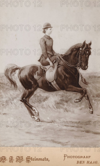 Photographic reproduction of a painting of Queen Wilhelmina on horseback after Otto Eerelman, cabinet photograph, reproduction, inscription: 'Wilhelmina, as drawn by Otto, Eerelman in 1985', number: '...', photographer: Antoine Johan Marinus Steinmetz, The Hague, after painting by Otto Eerelman, 1895 - 1924, paper, pasteboard, daylight collodion silver print, height 162 mm x width 105 mm, Person, Wilhelmina of the Netherlands, riding a horse, ass, or mule, rider, horseman, queen, A sepia-toned illustration shows a woman seated side-saddle on a rearing horse; the woman wears a tailored jacket with a high collar, a bowler-style hat, gloves, and a long skirt, and she holds the reins and a riding crop while looking forward with a neutral expression. The horse is depicted mid-movement with its front legs raised, a bridle with decorative elements on its head, a flowing mane and tail, and a saddle with straps and padding. The background is a softly rendered plain with brushstrokes suggesting ...