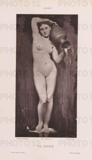 Portrait of Jean Auguste Dominique Ingres, page, photomechanical print, cliché maker: attributed to Goupil & Cie., c. 1873 - in or before 1878, photographer, Attributed to, paper, Woodburytype, Woodburytypepie, height 118 mm x width 86 mm, Person, Jean Auguste Dominique Ingres, historical persons, adult man, A grayscale image of a standing nude woman in a vertical rectangular frame, holding a large rounded vessel on her shoulder with one hand while water streams from its mouth and falls downward; she has one arm raised and bent with her hand resting on her head, long hair falling over one shoulder, a neutral facial expression, and bare feet positioned close together on a small patch of ground with plants at the base; the framed scene is surrounded by a wide light-colored margin.