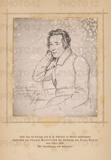 Photo reproduction of an etched portrait of Heinrich Heine by Eduard Mandel after a drawing by Franz Kugler, photograph, reproduction, page, inscription: 'Nach dem im Verlage von EH Schröder in Berlin erschienenen, Kupferlicht von Eduard Mandel nach der Zeichnung von Franz Kugler, vom Jahre 1829., Mit Bewilligung des Verlegers.', photographer: Edouard Heinrich Schröder, after print by Eduard Mandel, after drawing by Franz Kugler, c. 1881 - in or before 1886, Eduard Mandel, after print by, paper, baryta paper, daylight gelatin silver print, height 104 mm x width 88 mm, Photo opposite title page., Person, Heinrich Heine, portrait of a writer, A sepia-toned portrait drawing shows a seated person with short wavy hair, wearing a high-collared coat and a tie-like garment, resting one hand against the side of their face while the other arm lies across their lap; the drawing is framed by a mottled, spotted background and set within a bordered page that has discoloration and age marks around th...