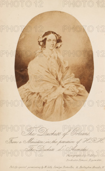 Photo reproduction of a miniature of the Duchess of Orléans, photograph, reproduction, page, inscription: 'From a Miniature in the possession of HRH, The Duchess d'Aumale., Photographed by C. Silvy., Porchester Terrace, Bayswater., Pub. (by special permission) by W. Jeffs, Foreign Bookseller, 15, Burlington Arcade, W., February 28. 1860.', photographer: Camille Leon Louis Silvy, after painting by unknown, 1855 - in or before 1860-02-28, Camille Leon Louis Silvy, unknown, photographer, after painting by, paper, albumen print, albumendruk, height 122 mm x width 87 mm, Photo opposite title page., Person, Helene van Mecklenburg-Schwerin, historical persons - BB - woman, painting (including book-illumination, miniature-painting), A sepia-toned oval portrait of a seated woman wearing a voluminous lace-trimmed gown and a shawl, her hair styled with floral adornments at the sides, hands gently folded in her lap, set against a plain darker background and surrounded by a lighter rectangular bord...