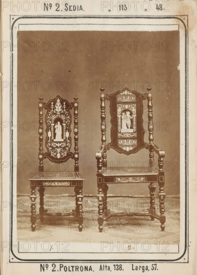 Two chairs with inlaid decorations, No 2 Sedia, Poltrona, photograph, page, inscription: '' 115 ' 48., Alta, 138. Larga, 57.', inscription: 'No. 1. Fes. 60, ' 2 ' 100', c. 1878 - c. 1885, photographer, paper, albumen print, albumendruk, height 126 mm x width 98 mm, Photo on unnumbered page., chair, Two ornate wooden chairs are shown side by side against a plain backdrop with a patterned floor beneath them. Each chair features a tall decorative back with turned vertical posts and intricate carved panels that include framed figurative images. The seats are flat with inlaid or painted decorative motifs along the front apron and the legs are turned with carved details and small embellishments. The chair on the right has armrests with carved supports extending from the seat to the arm, while the chair on the left lacks arms and has a slightly narrower back panel. A rectangular border surrounds the image and a narrow margin of aged paper with small spots is visible at the edges.