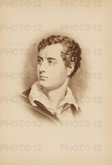 Photo reproduction of a drawn portrait of Lord Byron, Lord Byron, photograph, reproduction, page, number: '13', after drawing by anonymous, c. 1874 - in or before 1879, photographer, paper, albumen print, height 130 mm x width 90 mm, Photo on unnumbered page opposite page 13., Person, historical persons, portrait of a writer, writer, poet, author, A sepia-toned portrait of a man shown from the shoulders up, facing slightly left with his gaze directed off to the left side of the image; he has short, wavy hair and a smooth complexion rendered in fine shading, defined eyebrows, and prominent eyes with a calm expression, a straight nose, and closed lips. He wears a collared shirt with a visible fold and an outer garment draped over one shoulder, the clothing depicted with soft shading and subtle folds. The portrait is centered on a light, aged paper background with darker vignette shading around the head and shoulders, and a narrow margin of plain paper surrounding the portrait.