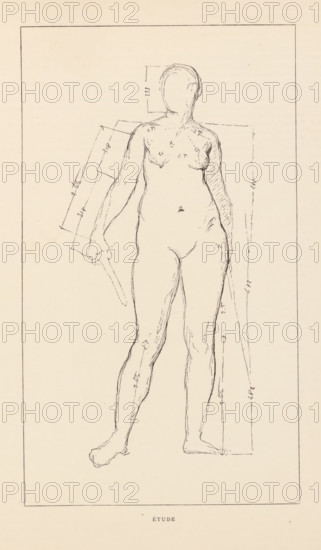 Portrait of Edouard de Beaumont, Edouard de Beaumont, page, photomechanical print, photographer: Wilhelm Benque, cliché maker: anonymous, c. 1879 - in or before 1884, paper, Woodburytype, height 120 mm x width 85 mm, Person, historical persons, A vertical sketch of a nude figure facing forward within a rectangular frame, drawn in thin, dark lines on a light beige background, showing an outline of the head without facial features, a torso with breasts and a small mark at the abdomen, arms relaxed with one hand holding an elongated object, and legs extending down to bare feet; faint measurement lines and small tick marks appear around the figure and along the sides and head, and a small printed word is centered below the framed drawing.