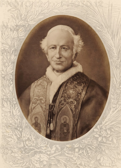 Photo reproduction of a painted portrait of Pope Leo XIII, Leo XIII, Papst, photograph, reproduction, page, after painting by anonymous, c. 1875 - in or before 1880, photographer, paper, albumen print, albumendruk, height 188 mm x width 142 mm, Photo on unnumbered page., Person, historical persons, pope, An oval-framed, sepia-toned portrait of an older man shown from the chest up wearing ornate clerical vestments with embroidered panels and a fur-trimmed collar, his hair light and slightly wavy at the sides with a smooth, rounded forehead, a calm facial expression, and a decorative tassel hanging from his garment; the oval is surrounded by a detailed pencil-like floral and foliage border with leaves and blossoms.