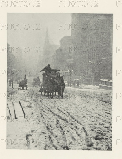 L'Hiver, cinquième avenue, Fifth Avenue in the snow, New York, photomechanical print, photographer: Alfred Stieglitz, New York (city), cliché maker: Fillon & Heuse, printer (person): Charles Wittmann, Paris, 1893 - in or before 1896, Alfred Stieglitz, Fillon & Heuse, Charles Wittmann, photographer, cliché maker, printer (person), North America, paper, photoaquatint, height 161 mm x width 124 mm, street, snow, four-wheeled, animal-drawn vehicle, eg: cab, carriage, coach, Manhattan, Fifth Avenue, A snowy street scene shows a slushy road with deep tire and hoof tracks leading into the distance, flanked by tall, shadowy buildings on the right and faint building outlines on the left; in the middle distance a horse-drawn wagon with a covered load is traveling away from the viewer with a driver perched atop, and other carriages and figures are scattered along the street, some near sidewalks and some barely visible in the mist; snow covers the ground and the lower steps of buildings, and the a...