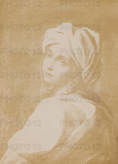 Roma - Beatrice Cenci - G. Reni, Photo reproduction of a portrait of Beatrice Cenci by Guido Reni, photograph, reproduction, page, number: '175', after painting by Guido Reni, c. 1883 - in or before 1888, photographer, paper, albumen print, height 137 mm x width 94 mm, Photo on page 53., Person, Beatrice Cenci, historical persons - BB - woman, Rome, A sepia-toned portrait of a young person turned slightly away but looking back over their shoulder, wearing a draped head covering and loose clothing, with soft facial features and wavy hair visible at the nape, set against a textured darker background.