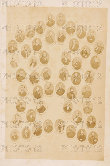 50 portraits of attendees at the international congress of the Evangelical Alliance in Amsterdam in 1867, page, photocollage, c. 1855 - in or before 1867, photographer, paper, albumen print, height 199 mm x width 130 mm, Photo on seventh unnumbered page after page 904., Person, Johannes Petrus Hasebroek, Anthony Brummelkamp, Bovet, F., Burrows, Baxter, M., Kögel, Cassel, Paulus, Huet, P., Fisch, G., Jamieson, JW, Davis, J., Gagnebin, F.A., Schmettau, H., Dhombres, E., General Alexander, Lord Radstock, Rognon, L., mrs. Daniell, Andreas Bernstorff, JJ Curie, RA Macfie, JJ van Vollenhoven, H. van Hogendorp, EE Bliss, WE Malcolm, Frans Godard van Lynden van Hemmen (baron), Ph. A. Röntgen, Denis Wortman, Gawin Kirkham, H. Bouvier, Thomas Boyajian, JA van Schuurman Johsz, Samuel Hanson, JA Singendonck, Cyrus Hamlin, WE Shipton, JJ Badius, Fr. Tucker, Alexandre Lombard, John Finch, A. Ludvig Brandt, TM Looman, E. van Weede van Dijkveld, J. Adrien Naville, Samuel Gurney, JW Prime, SH Pettingel...