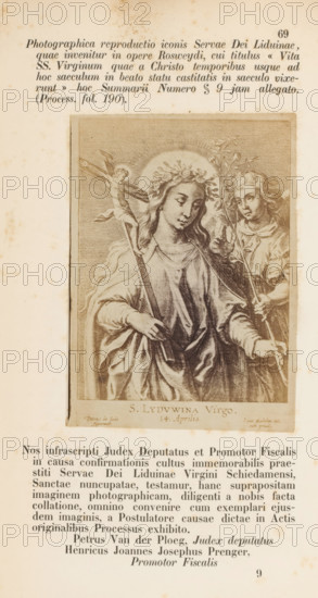 Photo reproduction of an engraving of Liduina van Schiedam by Pieter de Jode I, photograph, reproduction, page, after print by Pieter de Jode (I), c. 1856 - in or before 1877, Pieter de Jode (I), photographer, after print by, paper, albumen print, height 139 mm x width 102 mm, Photo on page 69., Person, Liduina van Schiedam, the virgin Lidwyna (Lydwine) of Schiedam, possible attributes: crucifix, branch of roses in hand, roses in hair, A sepia-toned printed page showing an engraved religious image centered on the sheet, depicting a robed female figure wearing a floral wreath and a radiating halo, holding a long staff topped with a small crucifix and a rectangular book, and looking downward, accompanied to her side by a cherubic childlike figure holding a slender flowering branch; the engraved scene is framed by a narrow border and sits amid printed decorative typography and blocks of text above and below, with visible speckled aging and foxing on the paper edges.