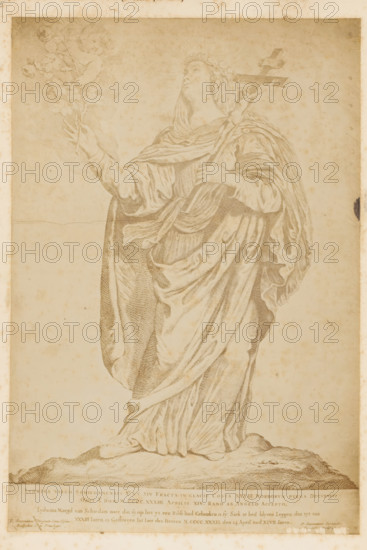 Photo reproduction of an engraving by Liduina van Schiedam with crucifix and rose branch by Cornelis Visscher, photograph, reproduction, page, after print by Cornelis Visscher (II), after design by Pieter Claesz. Soutman, c. 1856 - in or before 1877, Cornelis Visscher (II), photographer, after print by, paper, albumen print, height 244 mm x width 166 mm, Photo on page 72., Person, Liduina van Schiedam, the virgin Lidwyna (Lydwine) of Schiedam, possible attributes: crucifix, branch of roses in hand, roses in hair, A monochrome engraved image of a robed woman standing on a textured ground, wearing flowing drapery with detailed folds and a head wreath; she holds a long staff topped with a cross in one hand and extends her other hand upward toward a small winged cherub partly visible near the top corner, the cherub appearing among floral branches; the woman gazes upward and the background is plain with subtle age spotting and a narrow framed border around the image.