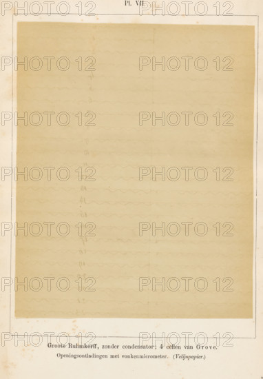 Registration of electric waves generated by a spark inductor, Groote Ruhmkorff, without capacitor, 4 cells by Grove. Opening discharges with spark micrometer. (Velin paper.), photograph, page, number: 'Pl. VII.', photographer: Willem Cornelis van Dijk, c. 1865 - in or before 1870, paper, albumen print, height 160 mm x width 129 mm, Photo on fifteenth unnumbered page after page 95., electrical phenomena, A large, pale rectangular sheet fills most of the image, bordered by a thin darker outline and mounted on a lighter background; the sheet shows faint, evenly spaced horizontal wavy pencil lines across its surface and a faint vertical fold line near the center, with occasional small smudges and pencil marks aligned along the left side of the central fold; the surrounding background is off-white with scattered brown age spots and subtle discoloration, and there is a narrow margin below the sheet with a line of darker printed text that is visible but not described.