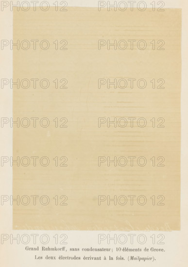 Grand Ruhmkorff, sans condensateur, 10 elements de Grove, Les deux electrodes ecrivant a la fois (Mail paper), Registration of electricity waves generated by a spark inductor, photograph, page, inscription: 'Les deux électrodes écrivant à la fois. (mail paper).', number: 'Pl. IV*.', photographer: Willem Cornelis van Dijk, c. 1865 - in or before 1870, paper, albumen print, height 154 mm x width 116 mm, Photo on seventh unnumbered page after page 368., electrical phenomena, A large rectangular sheet of aged, yellowed paper with faint horizontal rulings fills most of the image, showing subtle creases, slight stains, and variations in tone; the sheet is mounted on a lighter background with narrow borders visible around its edges, and small areas of wear and tiny imperfections appear near the margins and along the bottom edge.