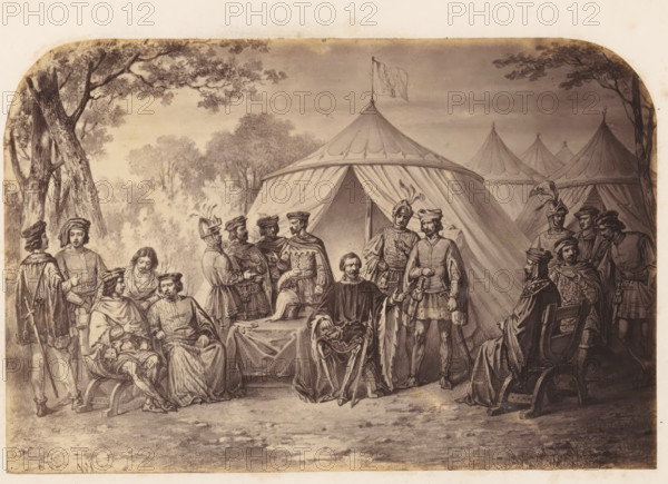Photo reproduction of a print of Philip van Artevelde and the most prominent Flemish citizens in 1382, photograph, reproduction, page, photographer: Willem Adrianus van Hoek, after print by anonymous, c. 1856 - in or before 1861, after print by, paper, albumen print, height 140 mm x width 210 mm, Person, Philip van Artevelde, meeting, assembly, A monochrome scene shows a group of people in historical clothing gathered outdoors in front of large conical tents, with trees and foliage framing the background; several seated figures wear long robes and capes while others stand in armor or period garments, some with feathered helmets and swords at their sides; a central seated man at a small table is flanked by standing companions, and nearby a pair of figures converse while a few others form small clusters around the tents; the ground is textured and the sky above the tents is shaded, with a flag atop the nearest tent.