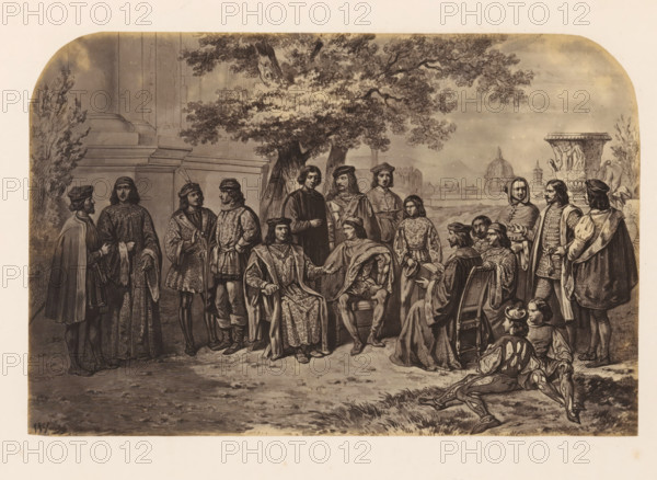 Photo reproduction of a print of the court of Lorenzo I de'Medici, photograph, reproduction, page, photographer: Willem Adrianus van Hoek, after print by anonymous, c. 1856 - in or before 1861, Willem Adrianus van Hoek, photographer, after print by, paper, albumen print, height 140 mm x width 212 mm, Person, Lorenzo de' Medici (I), family of a ruler, and court, A sepia-toned illustration shows a group of people gathered outdoors in front of architectural columns and a large tree, with a distant dome and buildings visible on the horizon; the figures wear historical clothing including long robes, capes, tunics, and hats, and several stand while others sit on chairs or the ground, with one seated central figure placed slightly forward and another seated beside him holding a document; to the right a large decorative urn sits near standing figures and a person in a hooded cloak, while a few individuals appear engaged in conversation or reading, and a person in the foreground reclines on the...