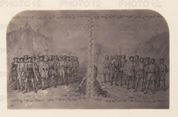 Photo reproduction of a print of Christopher Columbus and Vasco da Gama with their troops, photograph, reproduction, page, photographer: Willem Adrianus van Hoek, after print by anonymous, c. 1856 - in or before 1861, after print by, paper, albumen print, height 123 mm x width 202 mm, Person, Christopher Columbus, Vasco da Gama, land forces, exploration, expedition, voyage of discovery, A monochrome illustration shows two groups of people facing forward on either side of a vine-covered vertical column that divides the scene, with decorative vine borders along the top and bottom edges. On the left side, a group of figures wearing period clothing and hats stand in formation on a rocky path, one figure holding a tall flagpole and another holding a sword, with a mountainous background and small silhouettes of figures on a distant ridge. On the right side, another group of similarly dressed figures stand in a looser formation on uneven ground, some holding spears or staffs, with palm-like p...