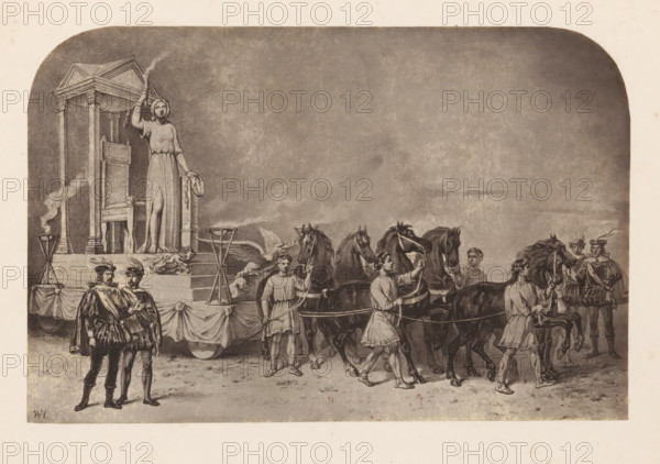 Photo reproduction of a print of an allegory on the origin of free thought, photograph, reproduction, page, photographer: Willem Adrianus van Hoek, after print by anonymous, c. 1856 - in or before 1861, after print by, paper, albumen print, height 139 mm x width 212 mm, 'Philosophia', 'Filosofia' (Ripa), A grayscale illustration shows a procession with a platform on wheels draped in fabric and decorated with a large chair under a small temple-like canopy, next to a standing female figure holding a torch and a wreath and a reclining lion at the platform base; several young men in tunics lead a team of horses in front of the platform while other figures in period clothing stand nearby, some conversing and some holding reins, and two torches on stands emit smoke beside the platform.