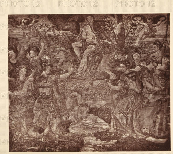 A piece of embroidery - 'Apollo and the muses', Part of an embroidery depicting Apollo and the muses, page, photomechanical print, number: 'No. 691.', photographer: Isabel Agnes Cowper, United Kingdom, cliché maker: anonymous, c. 1869 - in or before 1874, paper, Woodburytype, Woodburytypie, height 150 mm x width 176 mm, (other forms of) needlework, eg: crocheting, knitting, embroidering, Apollo and the Muses, Apollo Musagetes, A sepia-toned engraving shows a central seated male figure holding a lyre with legs crossed on a grassy mound, surrounded by multiple classical figures including winged cherubs and draped women, some holding circular objects and others gesturing; trees and dense foliage fill the background while a winding path or stream runs through the middle of the scene, and various ornamental details and flowing garments create intricate textured lines across the composition.
