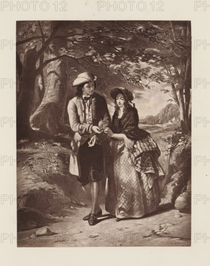 Photo reproduction of an engraving after the painting The village rose by Thomas Brooks, reproduction, page, photomechanical print, photographer: Godfrey Wordsworth Turner, cliché maker: anonymous, after print by anonymous, after painting by Thomas Brooks, c. 1866 - in or before 1871, after print by, paper, Woodburytype, height 156 mm x width 120 mm, Print on third unnumbered page after page 48., print, eg: engraving, etching, lithograph, arm in arm (lovers), A monochrome engraving shows a man and a woman standing close together on a tree-lined path. The man wears a brimmed hat, a long coat, knee-length breeches, high stockings, and buckled shoes, and he looks toward the woman while extending his hands. The woman wears a wide-brimmed bonnet, a shawl draped over her shoulders, and a patterned full skirt, and she gazes down while holding something offered by the man. Surrounding them are large trees with overhanging branches and foliage, a textured forest floor with rocks and plants, and...