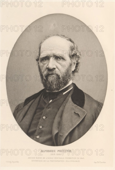 Alphonse Poitevin 1819-1882, Portrait of Alphonse Poitevin, page, photomechanical print, inscription: 'Ancien élève de l'Ecole Centrale promotion de 1843, inventeur de la photographie inaltérable.', cliché maker: Paul Dujardin, printer (person): Charles Chardon aîné, Paris, c. 1877 - in or before 1882, Paul Dujardin, Charles Chardon aîné, photographer, cliché maker, printer (person), paper, photoaquatint, height 168 mm x width 119 mm, Print on unnumbered page., Person, Alphonse-Louis Poitevin, historical persons, portrait, self-portrait of photographer, A monochrome oval portrait of an older man shown from the chest up, with a full beard and mustache, receding hairline with wavy hair at the sides, and deep-set eyes looking straight ahead; he wears a dark coat with a high-collared shirt and a vest with visible buttons, and a small pin or decoration on one lapel; the oval portrait is set against a light rectangular background.