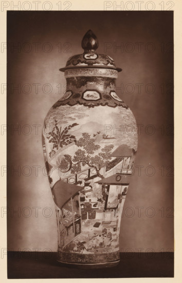 Chinese painted vase, from the collection of Christopher Beckett Denison, page, photomechanical print, number: '1480', after design by anonymous, c. 1880 - in or before 1885, paper, Woodburytype, height 193 mm x width 121 mm, Print on third unnumbered page after page 150., container of ceramics: jar, jug, pot, vase, A tall lidded vase photographed against a plain backdrop, with a bulbous rounded top tapering down to a narrower base, the lid topped by a pointed finial. The surface of the vase is covered in detailed painted scenes and decorative borders, showing stylized clouds, tree branches with foliage, architectural elements like roofs and open-sided pavilions, and numerous small human figures engaged in various activities. Bands of ornate patterning encircle the neck and lower rim, and there are framed cartouches with small pictorial motifs near the shoulder. The image is in a monochrome sepia tone with even lighting and a narrow neutral border around the photograph.