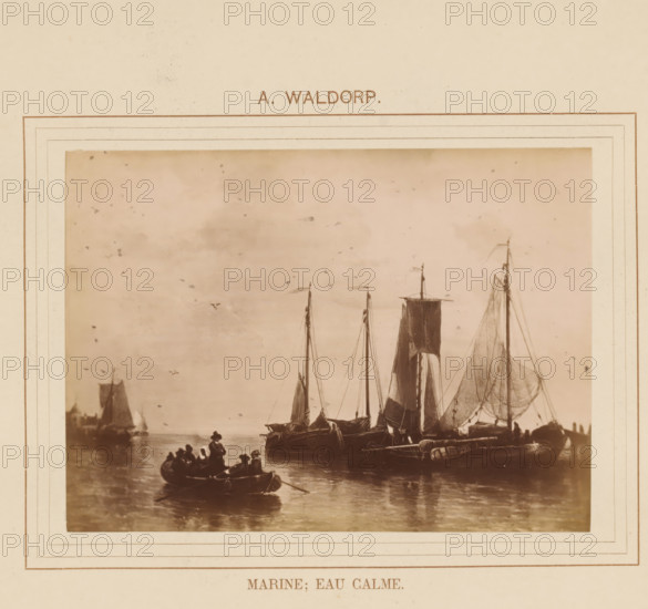Marine, eau calme, Photo reproduction of the painting Marine, eau calme by Antonie Waldorp, photograph, reproduction, page, after painting by Antonie Waldorp, c. 1878 - in or before 1883, photographer, paper, albumen print, height 96 mm x width 131 mm, sailing-ship, sailing-boat, landscapes with waters, waterscapes, seascapes (in the temperate zone), painting, drawing and the graphic arts, A sepia-toned photograph mounted on a bordered mat shows a harbor scene with several sailboats at anchor and their tall masts and rigging visible against a cloudy sky, a small rowboat with silhouetted figures in the foreground on reflective water, a larger vessel with furled sails and netting alongside other boats, distant boats along the horizon, and a decorative multi-line border framing the image on aged paper.
