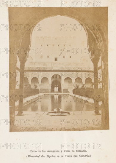 Court of the Myrtles and the Tower of Comarès in the Alhambra, Patio de los Arrayanes y Torre de Comarès, Court of the Myrtles and the Tower of Comarès, photograph, page, Granada, c. 1875 - in or before 1880, photographer, Andalusia, paper, albumen print, height 121 mm x width 96 mm, courtyard, Alhambra, A sepia-toned photograph showing a rectangular courtyard with a long reflective pool extending toward an arched colonnade, framed in the foreground by ornate archways and columns on both sides. The far wall features a row of decorative arches above a tiled lower section and a central doorway with a double-arched opening that reflects in the pool. Low hedges and small trees line the sides of the courtyard behind the pool, and a circular fountain element sits at the near edge of the water on a stone paving surface. The image has a faded, aged appearance with visible grain and uneven toning.