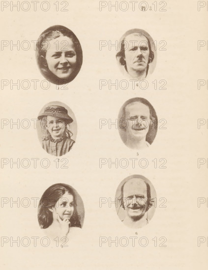 Overview of six photographs illustrating people with different facial expressions, page, photomechanical print, inscription: 'Pl. 3.', photographer: Oscar Gustave Rejlander, photographer: George Charles Wallich, photographer: Adrien Tournachon, clichémaker: anonymous, c. 1868 - in or before 1873, paper, collotype, photoprint, height 170 mm x width 110 mm, Photo on page 220., historical persons, morphology of facial expression, A pale sheet with a vertical arrangement of oval vignette portraits showing faces of different people, including young girls and older men; the top left vignette shows a smiling girl with hair pulled back, the top right shows a man with a mustache and medium-length hair, the second row left shows a girl wearing a hat and smiling, the second row right shows an older woman smiling, the third row left shows a young girl with long hair resting her chin on a hand, and the third row right shows a smiling older man with glasses hanging from his face; the portraits are p...