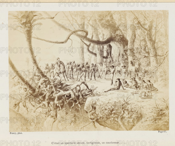 C'était un spectacle atroce, vertigineux, un cauchemar..., Photo reproduction of a drawing of a confrontation between soldiers and natives in Australia, photograph, reproduction, page, inscription: 'Page 67.', photographer: François Poncy, after drawing by Gabriel Liquier, c. 1863 - in or before 1868, François Poncy, Gabriel Liquier, photographer, after drawing by, paper, albumen print, height 114 mm x width 151 mm, Photo on unnumbered page for page 67., Australian and Oceanian races, guerilla warfare, imperialism, Australia, A sepia-toned illustration shows a dense forest scene with large twisted trees and sprawling roots, a group of uniformed men standing and mounted on horses near the center, clusters of nearly naked figures entangled among roots and hanging from a leaning tree on the left, several seated and reclining figures on the right near the forest edge, and foliage and undergrowth throughout the foreground.