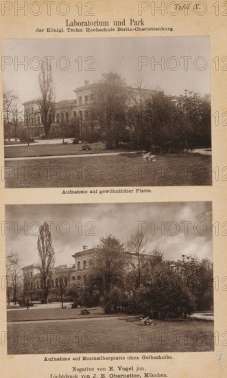 Laboratory and Park of the Konigl. Techn. Hochschule Berlin- Charlottenburg, View of the laboratory of the Royal Technical College Charlottenburg, page, photomechanical print, number: 'Tafel Munich, printer (person): Johann Baptist Obernetter, Munich, c. 1885 - in or before 1890, E. Vogel, Johann Baptist Obernetter, photographer, clichémaker, printer (person), Bavaria, Berlin, Attributed to, paper, collotype, photogravure, height 79 mm x width 109 mm, Print on second unnumbered page before title page., exterior, representation of a building, university, Charlottenburg, Royal Technical University Charlottenburg, A sepia-toned sheet shows two nearly identical rectangular photographs stacked vertically, each depicting a multi-story stone building partially obscured by trees and shrubs in a park setting. In both photos the building features arched windows and classical architectural details, with tall deciduous trees standing nearby, some leafless and others with foliage. Foreground lawns ...