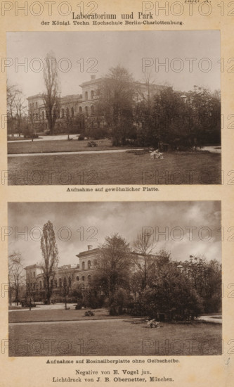 View of the laboratory of the Royal Technical College Charlottenburg, Laboratorium und Park der Königl. Techn. Hochschule Berlin- Charlottenburg, page, photomechanical print, inscription: 'Aufnahme auf Eosinsilberplatte ohne Gelbscheibe.', number: 'Tafel Obernetter, Munich, c. 1885 - in or before 1890, E. Vogel, Johann Baptist Obernetter, photographer, clichémaker, printer (person), Bavaria, Berlin, Charlottenburg, Attributed to, paper, collotype, photogravure, height 78 mm x width 108 mm, Print on second unnumbered page before title page., exterior, representation of a building, university, Royal Technical University Charlottenburg, A vertical sheet shows two sepia-toned photographs stacked one above the other, each depicting a large classical building partially obscured by trees and shrubs in a park-like setting; the building has arched windows and a decorative cornice, and tall deciduous trees rise beside and in front of it. The foreground in both photos shows a grass lawn with trim...