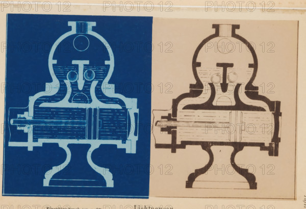 Cross-section of a machine, Light pauses, photograph, page, inscription: 'Eisenblaudruck (zu p. 83)', number: 'Tafel II.', inscription: 'von Gustav Werner Nachfolger, Oranienstr. 183, Berlin.', photographer: Gustav Werner, 1885 - 1890, paper, cyanotype, height 110 mm x width 89 mm, Photo on third unnumbered page after page 351., section, architectural design or model, parts of machines, A close-up of two adjacent printed diagrams showing a symmetrical mechanical cross-section, one in a dark blue with light blue lines on the left and one in light beige with dark brown lines on the right, each depicting a rounded upper chamber with circular features and a central vertical element leading into a horizontally ribbed cylindrical component, supported by a decorative curved pedestal base; the images occupy most of the frame with a narrow beige border around them and a strip of worn paper visible at the top.