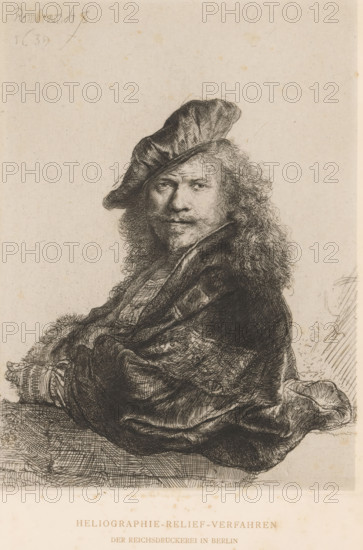 Reproduction of an etching with a self-portrait, reproduction, page, photomechanical print, number: 'Tafel IV', inscription: 'HELIOGRAPHIE-RELIEF-VERFAHREN, DER REICHSDRUCKEREI IN BERLIN, NACH DER RADIRUNG VON REMBRANDT VNA RIJN 'SELBSTBILDNISS'.', after print by Rembrandt van Rijn, printer (person): Reichsdruckerei, Berlin, c. 1885 - in or before 1890, Rembrandt van Rijn, after print by, printer (person), paper, chine collé, photoaquatint, heliogravure on chine collé, height 180 mm x width 134 mm, Print on eighth unnumbered page after page 351., Person, portrait, self-portrait of artist, print, eg: engraving, etching, lithography, A sepia-toned etched portrait of a man shown from the waist up seated and turned slightly to one side, wearing a soft, slouched hat and a voluminous cloak with intricate folds and textured shading; the man has curly hair and a beard, a direct gaze, and a subtle facial expression, with crosshatched lines defining facial features and fabric details, and the ba...