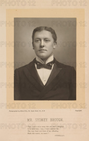 Portrait of Sydney Brough, Mr. Sydney Brough, photograph, page, inscription: ''The Theater' February, 1894.', inscription: ''That I have taén away this old man's daughter, ', photographer: Alfred Ellis, 1885 - 1894, paper, carbon print, height 117 mm x width 88 mm, Person, Sydney Brough, historical persons, A sepia-toned portrait of a young man shown from the chest up, mounted on a beige mat. He has short, neatly combed hair and a smooth, clean-shaven face with a neutral expression and direct gaze. He wears a high-collared shirt with a bow tie and a dark double-breasted jacket with satin lapels. The background behind him is plain and softly shaded. The mounting shows a wider border around the portrait with faint marks and aging spots.