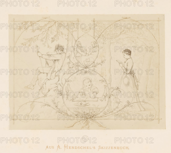 Photo reproduction of a sketch of various reading figures by Albert Hendschel, From A. Hendschel's Sketchbook, photograph, reproduction, This photo is part of a cover with 50 photos on 48 sheets, a list of images and a title page., monogram: 'AH', photographer: Theodor Huth, after drawing by Albert Hendschel, publisher: Ferdinand August Christian Prestel, Frankfurt am Main, c. 1865 - in or before c. 1870, Theodor Huth, Albert Hendschel, Ferdinand August Christian Prestel, photographer, after drawing by, publisher, Hesse, paper, albumen print, height 132 mm x width 180 mm, adult woman, adult man, reading, A sepia-toned line drawing framed by decorative curved lines shows a scene with trees and foliage in the background, a seated child at a table leaning on one hand while looking at an open book with a plate and fruit nearby, a standing young woman in a long dress reading from a small book and holding a round object at her side, a seated man wearing a hat and holding a staff while readin...