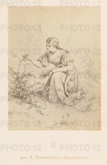 Photo reproduction of a sketch of a girl picking flowers by Albert Hendschel, From A. Hendschel's Skizzenbuch, photograph, reproduction, This photo is part of a cover with 50 photos on 48 sheets, a list of images and a title page., monogram: 'AH', photographer: Theodor Huth, after drawing by Albert Hendschel, publisher: Ferdinand August Christian Prestel, Frankfurt am Main, c. 1865 - in or before c. 1870, Theodor Huth, Albert Hendschel, Ferdinand August Christian Prestel, photographer, after drawing by, publisher, Hesse, paper, albumen print, height 172 mm x width 130 mm, adolescent, young woman, maiden, picking flowers, A sepia-toned drawing of a young woman kneeling on grass beside low shrubs and a thorny plant, her hair braided and tied with a ribbon, wearing a short-sleeved dress with a fitted bodice and a gathered skirt, one arm extended to touch a flower while the other holds a small bunch of plants and rests near a wide-brimmed hat with round decorations that sits against her sk...