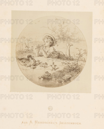 Photo reproduction of a reclining child playing a flute by Albert Hendschel, From A. Hendschel's Sketchbook, photograph, reproduction, This photo is part of a cover with 50 photos on 48 sheets, a list of images and a title page., monogram: 'AH', photographer: Theodor Huth, after drawing by Albert Hendschel, publisher: Ferdinand August Christian Prestel, Frankfurt am Main, c. 1865 - in or before c. 1870, Theodor Huth, Albert Hendschel, Ferdinand August Christian Prestel, photographer, after drawing by, publisher, Hesse, paper, albumen print, height 130 mm x width 130 mm, child, lying figure, one person playing wind instrument - CC - out of doors, A circular pencil drawing centered on a pale rectangular background depicts a child lying on their stomach in grass, wearing a loose shirt and a wide-brimmed hat, with legs bent at the knees and feet raised. The child holds a small flute to their lips and looks toward a group of waterfowl nearby. A larger duck reclines at the water's edge while...