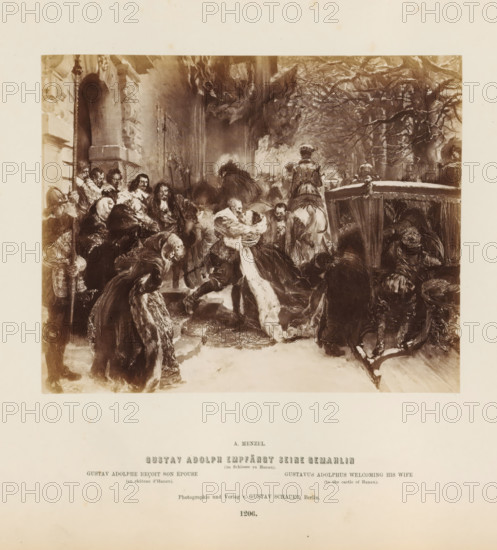 Photo reproduction of a painting of Gustav II Adolf receiving his wife by Adolph Menzel, Gustav Adolph empfängt seine Gemahlin, photograph, reproduction, page, number: '1206.', photographer: Gustav Schauer, Berlin, after painting by Adolph Menzel, c. 1863 - in or before 1868, paper, albumen print, albumendruk, height 140 mm x width 173 mm, Photo on seventh unnumbered page after page 26., Person, Gustav II Adolf (King of Sweden), ruler, sovereign, lovers' meeting, A sepia-toned print shows a crowded scene with numerous figures dressed in historical clothing gathered around a central pair, one figure kneeling and the other being embraced, both wearing elaborate garments and long fur-trimmed robes; surrounding them are men and women in cloaks and hats, some standing on steps near an ornate architectural entrance with arches and carved details, while others lean forward or kneel, and a horse with a rider is visible near a covered carriage to the right; bare tree branches stretch across the...