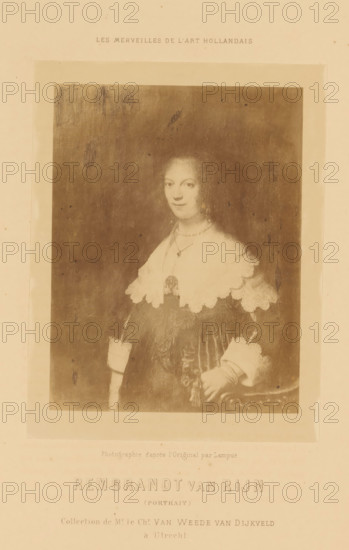 Photo reproduction of the painted portrait of possibly Maria Trip, by Rembrandt van Rijn, reproduction, page, photomechanical print, inscription: 'Collection de Mr Chr VAN WEEDE VAN DIJKVELD, á Utrecht', photographer: Jean Pierre Emanuel Lampué, Utrecht, cliché maker: anonymous, after painting by Rembrandt van Rijn, c. 1867 - in or before 1872, paper, Woodburytype, height 145 mm x width 110 mm, Person, Maria Trip, historical persons - BB - woman, A sepia-toned photograph of a framed classical portrait showing a woman from the waist up, centered against a dark background; she has a pale face with a slight smile and curled hair, and she wears a dress with a wide lace collar and lace cuffs, a necklace with a small pendant, and a brooch at the neckline; her left hand rests on an ornate armrest while her right arm hangs by her side; the portrait is mounted on a larger pale sheet with faint printed lines and light aging spots visible around the edges.