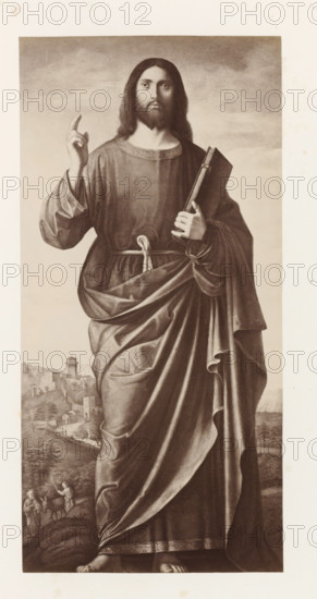 Photo reproduction of the painting The Blessing Christ by Cima da Conegliano, Cima da Conegliano: Christ, photograph, reproduction, page, after painting by Giovanni Battista Cima da Conegliano, publisher: Photographische Gesellschaft Berlin, Berlin, c. 1870 - in or before 1875, photographer, paper, albumen print, height 244 mm x width 119 mm, Photo on unnumbered page., 'Pantocrator', (bust of) Christ, making a speaking or blessing gesture and holding a book, A full-length monochrome depiction of a robed figure standing on a landscape background, the figure facing forward with long hair and a beard, wearing a long flowing garment tied at the waist and detailed with patterned trim at the neckline and hem, one hand raised with two fingers extended and the other hand holding a closed book close to the chest; the drapery of the robe shows deep folds and sweeping lines down to bare feet visible at the bottom, while the background shows a distant hilly landscape with small buildings, a tower,...