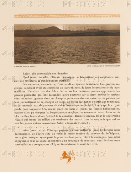 Euripusstraat at sunrise, in the distance the Dirphys, Dans le Canal de l'Euripe, lever de soleil sur le Mont Dirphys (Eubée), page, photomechanical print, number: '97.', photographer: Frédéric Boissonnas, Euripus Strait, cliché maker: Meisenbach, Riffarth & Cie., Berlin, c. 1905 - in or before 1910, Frédéric Boissonnas, Meisenbach, photographer, cliché maker, paper, collotype, photoprint, height 85 mm x width 225 mm, Photo on page 109., mountains, straits, narrows, Euboea, Dirphys, A sepia-toned rectangular photograph of a calm body of water with gentle ripples fills the upper central area, a low silhouette of distant mountains along the horizon above the water, and a lighter glow near the mountain ridge; the photograph is set on a cream-colored page with a decorative horizontal border above it and a block of printed paragraphs below, followed near the bottom by a small orange stylized figure of a centaur holding a trident.