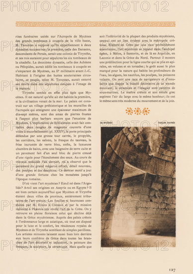 Mycènes, Tholos d'Atrée, Interior of the Treasury of Atreus in Mycenae, page, photomechanical print, number: '108.', photographer: Frédéric Boissonnas, Mycenae, cliché maker: Meisenbach, Riffarth & Cie., Berlin, c. 1905 - in or before 1910, Frédéric Boissonnas, Meisenbach, photographer, cliché maker, Pelopónnesos, paper, collotype, photoprint, height 170 mm x width 105 mm, Photo on page 127., grave, tomb, Treasury of Atreus, A photographed page showing two columns of printed text on the left and a narrow vertical sepia-toned photograph on the right depicting a stone archway and interior wall with large fitted blocks, with patterned decorative motifs and a horizontal ornamental border near the top and a row of small flower-like symbols above the photograph.