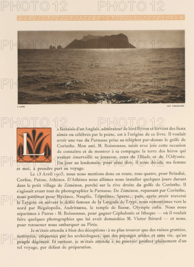Capri, les Faraglioni, Faraglioni bij Capri, page, photomechanical print, number: '4.', photographer: Frédéric Boissonnas, Isola di, cliché maker: Meisenbach, Riffarth & Cie., Berlin, c. 1905 - in or before 1910, paper, collotype, photoprint, height 98 mm x width 224 mm, Photo on page 15., island, rocky coast, A sepia-toned photograph of a rocky island silhouette on the horizon above a rippling sea occupies the top portion, with sunlight reflecting off the water creating bright highlights; below the photograph is a decorative square initial with stylized organic motifs in dark and orange tones, and the remainder of the page shows dense blocks of printed paragraph text in a serif typeface on a cream-colored background.
