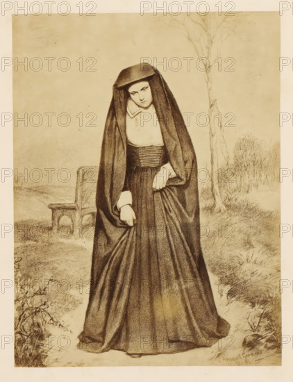 Photo reproduction of a drawing of a widow by Johannes Christiaan d'Arnaud Gerkens, photograph, reproduction, page, photographer: Maria Hille, after drawing by Johannes Christiaan d' Arnaud Gerkens, c. 1858 - in or before 1863, Maria Hille, Johannes Christiaan d' Arnaud Gerkens, photographer, after drawing by, paper, albumen print, height 232 mm x width 175 mm, widow, A monochrome drawing of a woman standing outdoors wearing a long dark robe and a head covering that drapes over her shoulders, with a visible lighter collar at her neck and cuffs at her wrists; her hands hold folds of her skirt and one arm rests slightly across her waist. Behind her is a simple bench partially visible to one side and a slender leafless tree trunk rising nearby, with low grassy and bushy vegetation on the ground around her. The background is an open, lightly shaded sky and distant landscape.