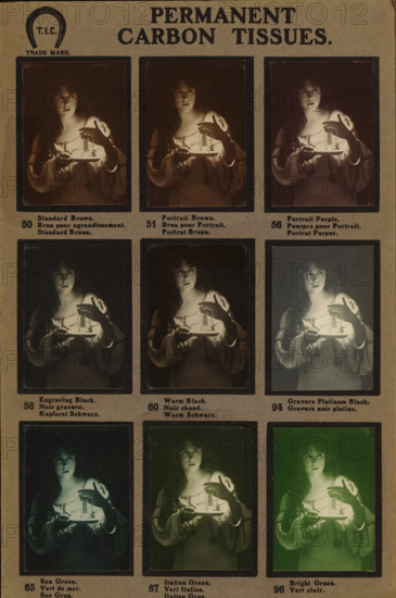 Nine portraits of an unknown woman with a candle, photograph, Sample card with 9 differently displayed carbon prints., inscription: '70. Red Chalk. 93. Engraving Red Chalk. 83. Terra Cotta. 75. Sepia Ordinary. 76. Willesden Sepia. 77. Warm Sepia. 78. Cool Sepia. 80.Golden Sepia. 90. Greenish Sepia.', publisher: T. Illingworth (possibly), c. 1910, photographer, paper, pasteboard, carbon print, height 248 mm x width 160 mm, adult woman, candle, A vertical sheet displays a grid of photographic portrait samples each framed by a narrow dark border, showing the same young woman holding a plate with a small light source; she wears a loose, light-colored blouse with full sleeves and a decorative neckline, and a long pendant hangs from her neck. The woman appears in various overall color tones across the frames, with subtle shifts in warmth and hue while her pose and facial expression remain similar; in some frames the lighting on her face and hands is brighter and warmer, in others it is coole...