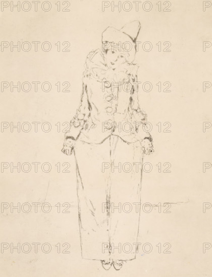 Pierrot and Pied, Portrait of Lady Archibald Campbell, print, printmaker: Théodore Roussel (signed by artist), 1888, paper, etching, height 248 mm x width 189 mm, Person, Janey Sevilla Callander, historical persons - BB - woman, types in 'commedia dell'arte': Pierrot, A pencil sketch on a light beige background of a standing figure wearing a wide, rounded hat and a fur-trimmed coat with large buttons and decorative cuffs, the figure's face showing soft features and an upward gaze, hands at the sides with gloves, a long straight skirt extending downward to visible shoes at the bottom, and faint horizontal lines behind the figure.