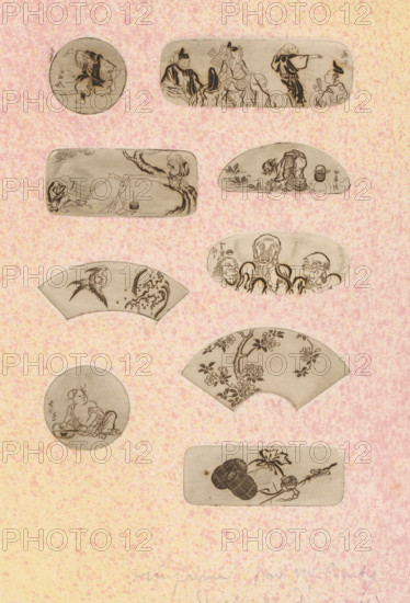 Nine Japanese motifs, possibly fans, print, annotation: 'imprimé pour m. Burty, Spécimen d'impression, Guerard', printmaker: Henri Charles Guérard, dedicated by: Henri Charles Guérard, dedicated to: Philippe Burty, 1856 - 1897, Henri Charles Guérard, Philippe Burty, printmaker, paper, etching, intaglio printmaking technique, etching with plate tone, printed from nine plates on red and yellow colored paper, height 233 mm x width 165 mm, fan, song-birds: swallow, A pale pink mottled background with a vertical arrangement of eleven small pale panels in various rounded shapes, each panel containing fine dark ink drawings; at the top left a small round panel shows a seated figure in loose clothing with one arm raised, and near it a small round spot of ink; to the right a long rounded rectangle panel depicts several standing and seated figures in robes, one with a tall hat and another pointing; below left a wide rounded rectangle shows a figure bending over a low structure with a gnarled tre...