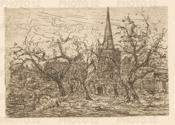 Village church behind trees (original title), print, printmaker: Floris Verster, 1888, paper, etching, drypoint, intaglio printmaking technique, height 120 mm x width 177 mm, church (exterior), village, A sepia-toned etching showing a landscape with a tall pointed church steeple rising behind a cluster of bare, twisted tree trunks and branches, the scene rendered in dense, scratchy lines and cross-hatching that form textured ground, foliage, and a sky with wispy cloud-like marks.