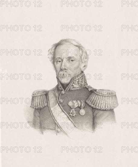 Portrait of unknown soldier, print, Possibly Arbin., inscription: '4a, 10-9-'75', printmaker: Christian Heinrich Gottlieb Steuerwald, Dordrecht, 1845, Christian Heinrich Gottlieb Steuerwald, printmaker, paper, chine collé, lithography, lithography on chine collé, height 428 mm x width 297 mm, anonymous historical person depicted, A pencil portrait of an older man shown from the chest up wearing a decorated military uniform with ornate braided shoulder epaulettes and a high collar with embroidered detailing; he has wavy hair, a mustache, and a neutral expression, with a sash across his chest and several medals pinned to his jacket.