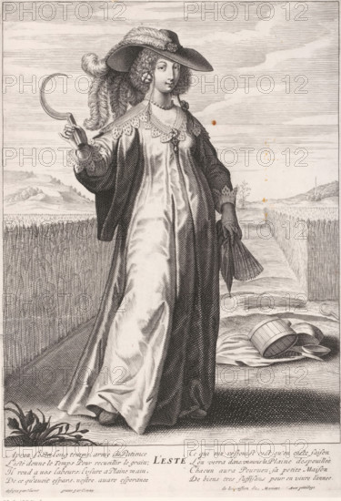 L'Estè, Summer, Personifications of the Four Seasons, print, printmaker: Jean Couvay, France, after drawing by Grégoire Huret, publisher: Pierre Mariette (I), Paris, 1632 - 1657, Jean Couvay, Grégoire Huret, Pierre Mariette (I), unknown, printmaker, after drawing by, publisher, grantor of privilege, paper, engraving, height 306 mm x width 212 mm, Part of a four-part series with personifications of the four seasons. Spring and summer were created by Couvay. Autumn and winter are manufactured by Rousselet., summer, 'Aestas', 'Estate' (Ripa), agricultural implements: sickle, year divided into four seasons, cereal, grain, corn (grass with grains, grown for food, eg: wheat, rice, rye, oats, maize, buckwheat, millet), A woman stands in a field wearing a wide-brimmed hat adorned with large feathers and a decorative brooch, with curled hair visible beneath the hat; she wears a long flowing gown with a cloak draped over her shoulders, a lace neckline, a necklace, and a decorative pendant at her...